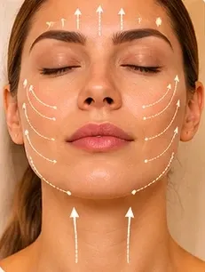 Rosto de mulher com setas indicando as áreas de aplicação na testa, laterais do rosto, mandíbula e pescoço.
