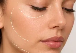 Rosto de mulher com linhas tracejadas indicando a análise dos contornos.