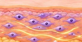 Ilustração de células produzindo colágeno ao redor do fio.