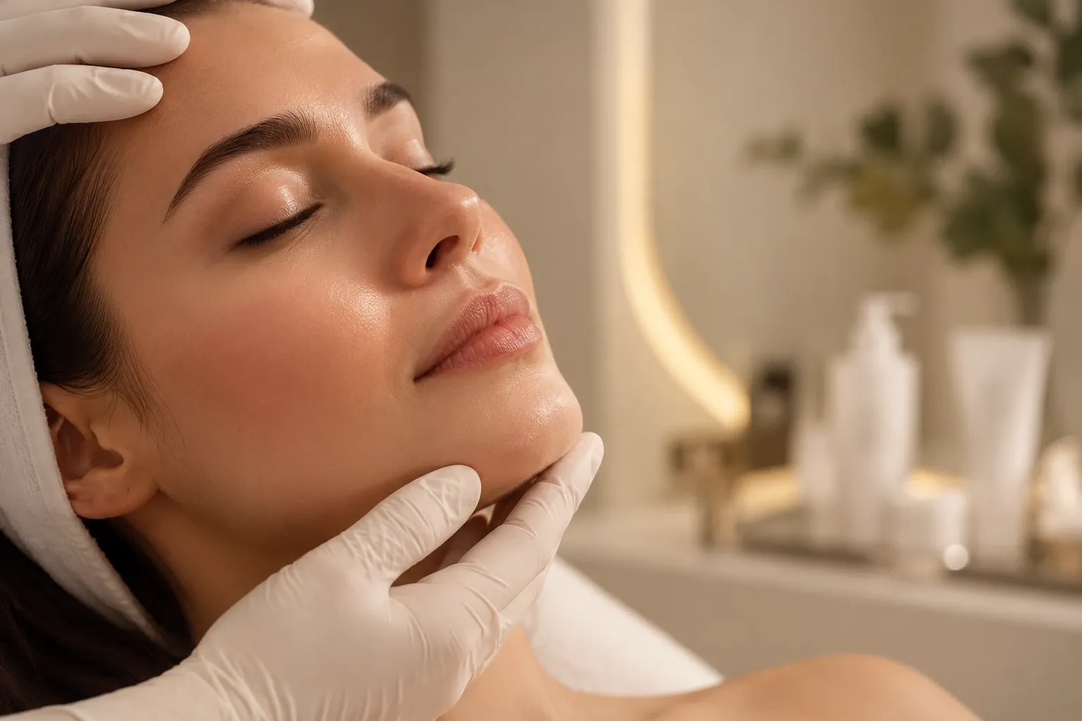 Imagem ilustrativa: mulher de olhos fechados recebendo cuidado facial com mãos de luvas em ambiente de consultório