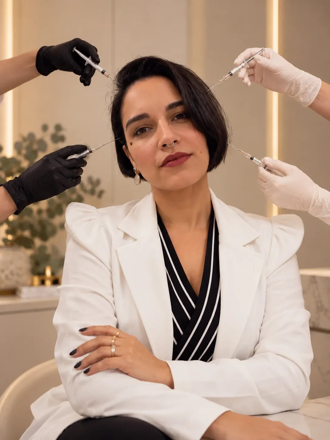 Dra. Natairis Marques de blazer branco no consultório, com mãos de luvas segurando seringas ao seu redor
