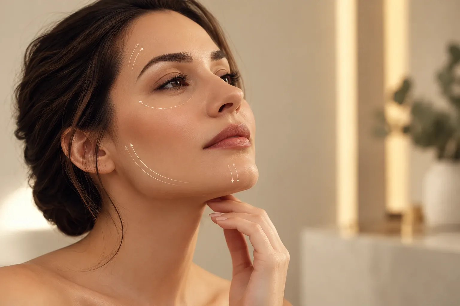 Imagem ilustrativa: mulher de perfil com setas finas indicando regiões da testa, olhos, bochecha e contorno da mandíbula