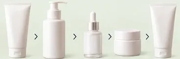 Sequência de frascos: limpador, tratamento, sérum, creme hidratante e protetor solar.